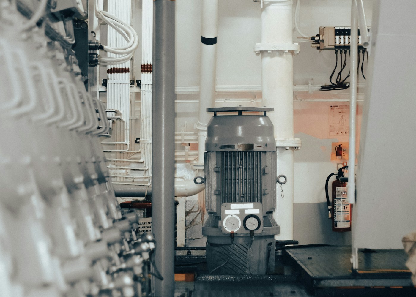 Motor industrial instalado entre tubulações e equipamentos